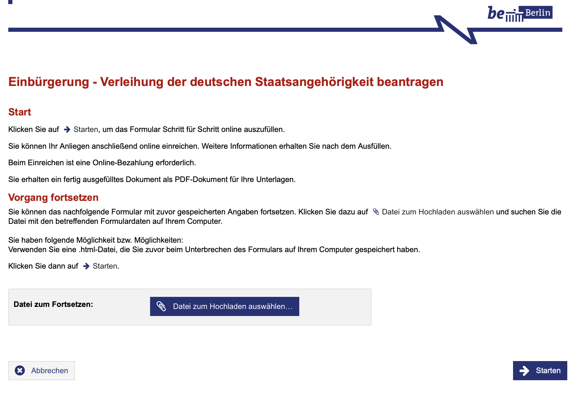 Berlin citizenship application portal with an option to upload saved application