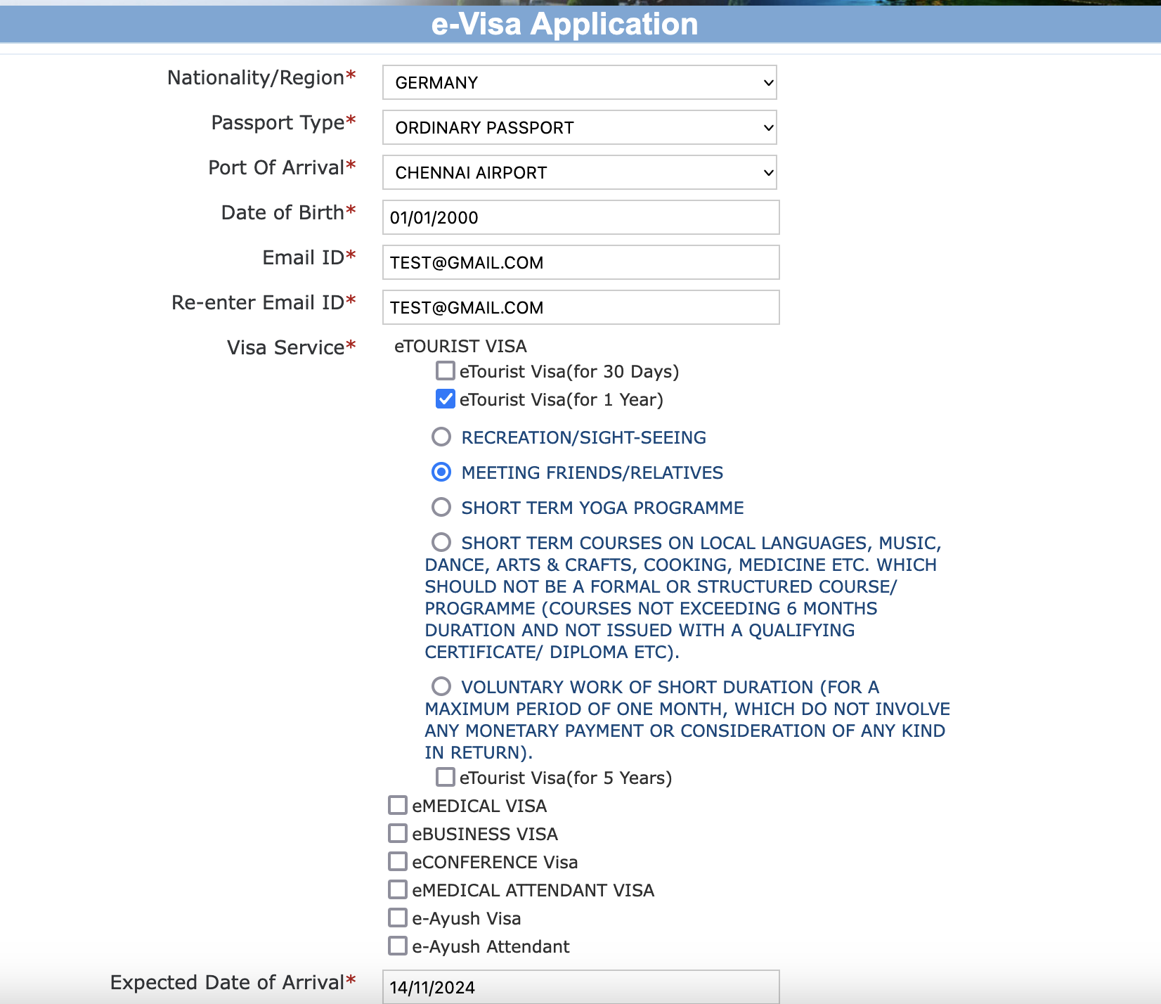 Indian e-Visa application